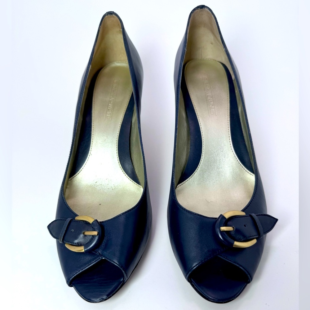 Circa Joan & David peep toe navy leather Kendall pump with brass buckle